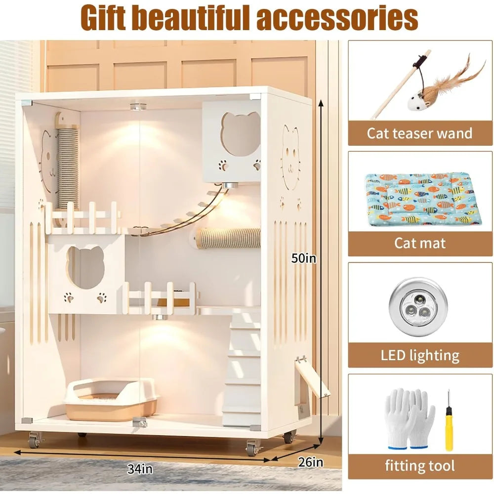 Large Wooden Enclosed Cat Condo on Wheels for Indoor/Outdoor Use.