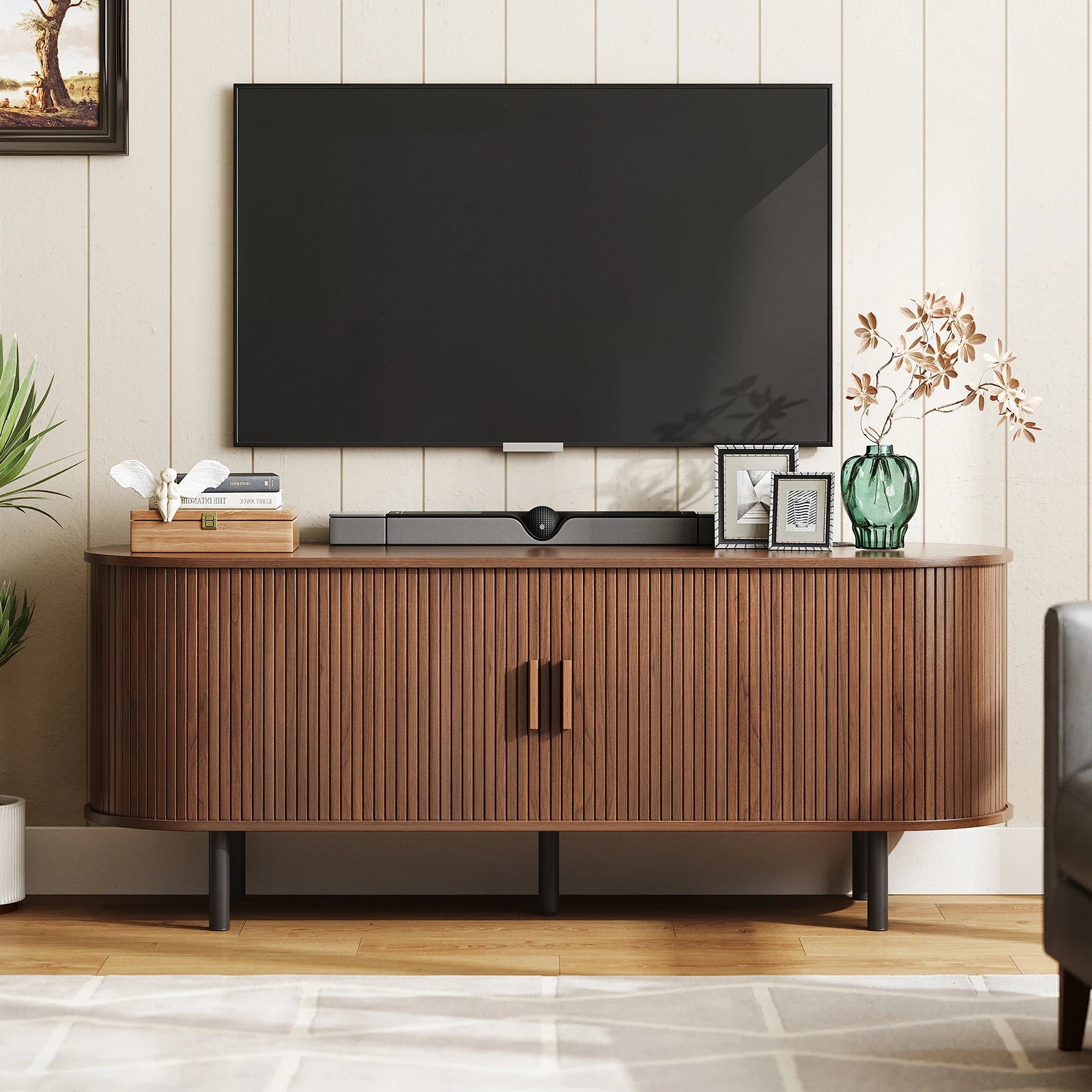 TV Table with Sliding Doors, Adjustable Shelves and Power Outlet for TVs up to 60/70",
