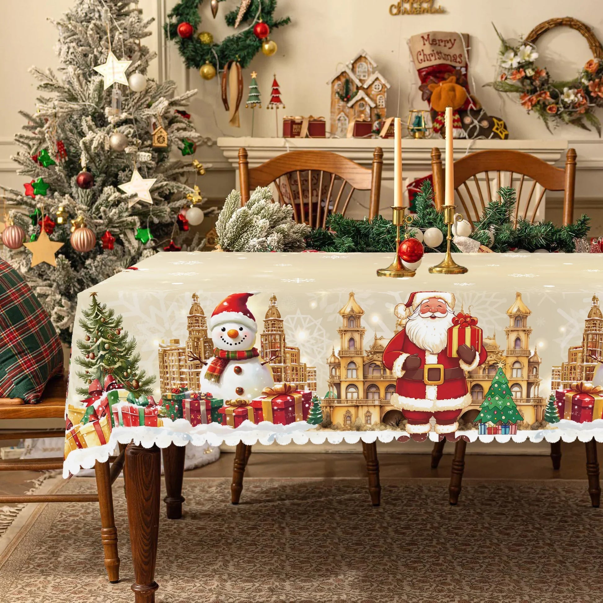 1 Piece Christmas Round or Rectangular Tablecloth, Various Sizes