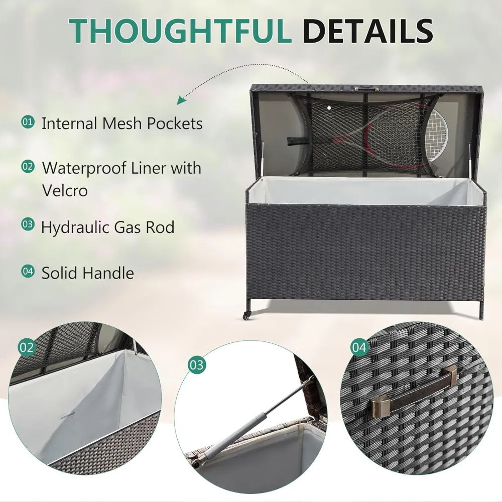 240 Gallon Wicker All-Weather Deck Box with 2 Universal Wheels & Hinged Opening