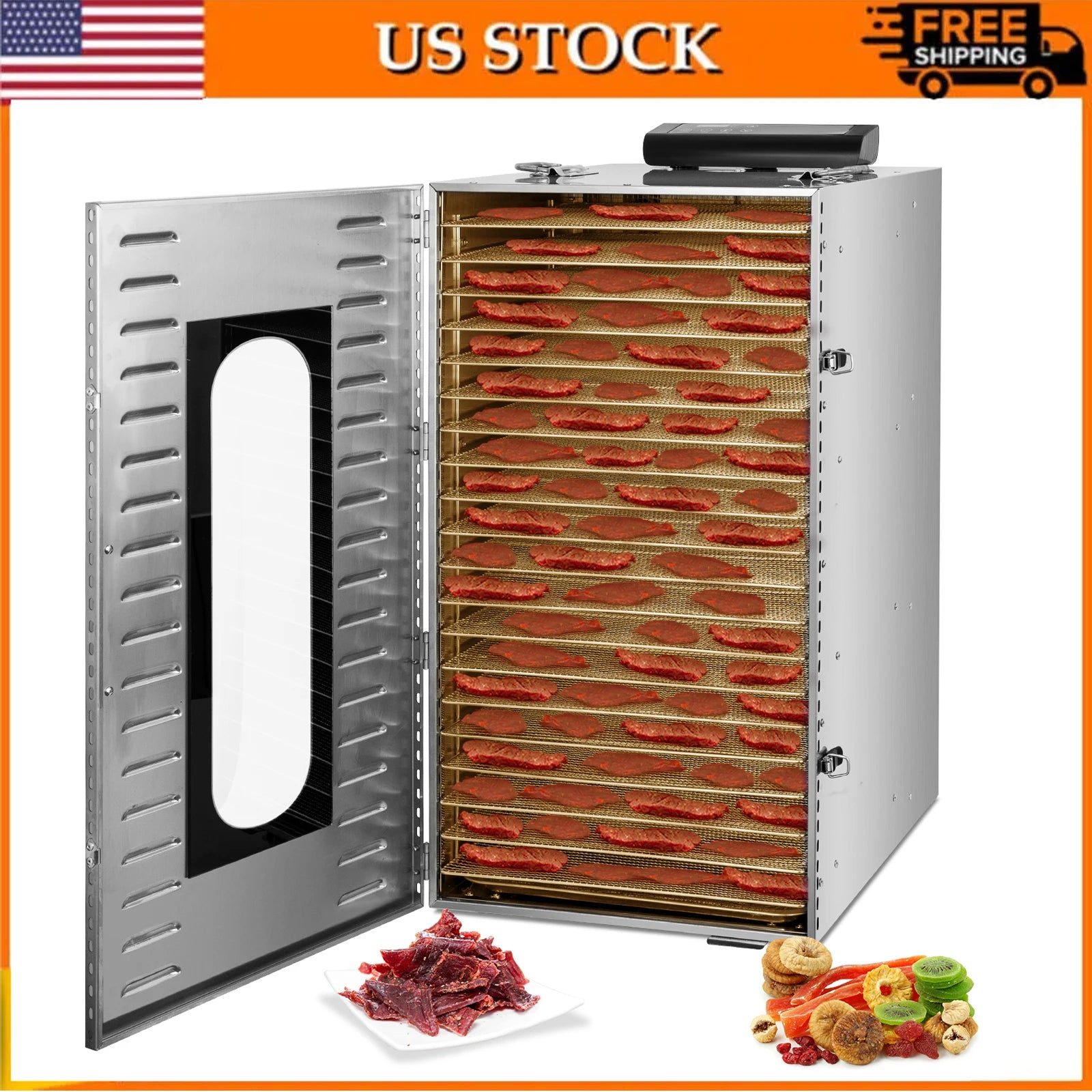 Stainless Steel Commercial Food Dehydrator with Adjustable Timer and 20 Trays