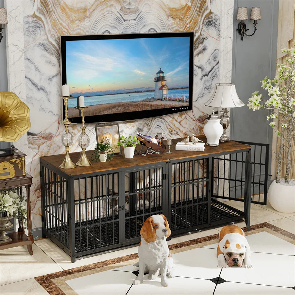 Large Indoor Wooden Dog Crate with 3 Doors and a Removable Tray; Can Serve As End Table