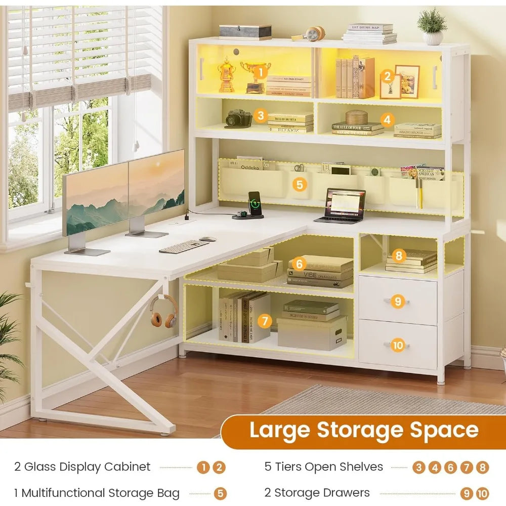 L Shaped Corner Gaming or Computer Desk for Home Office with 2 Drawers, Bookshelf, and LED Light,