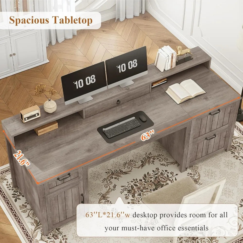 63" Wooden Farmhouse Executive Desk with Drawers, Storage Cabinet and File Drawer.