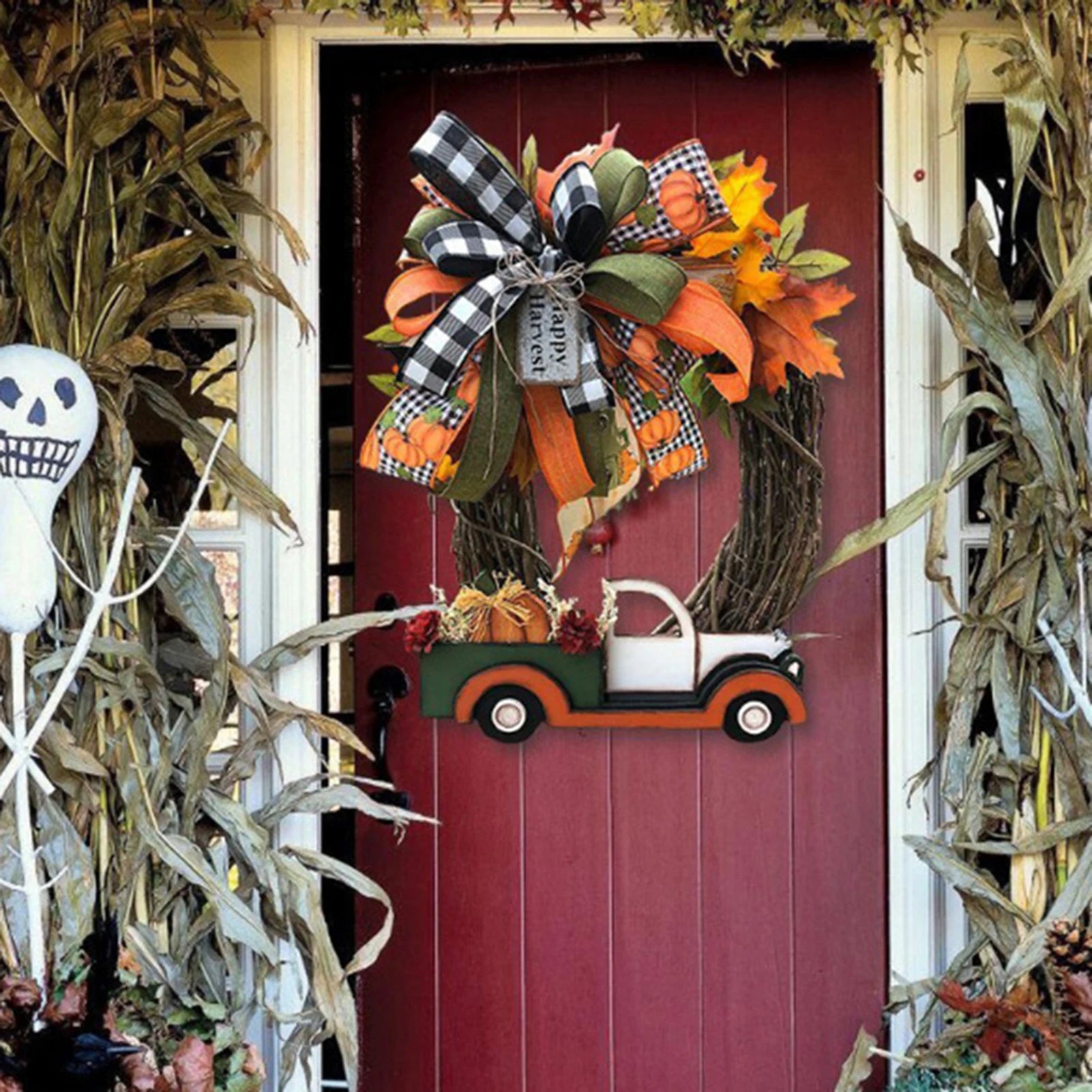 Artificial Fall Wreath for front door featuring farm truck.