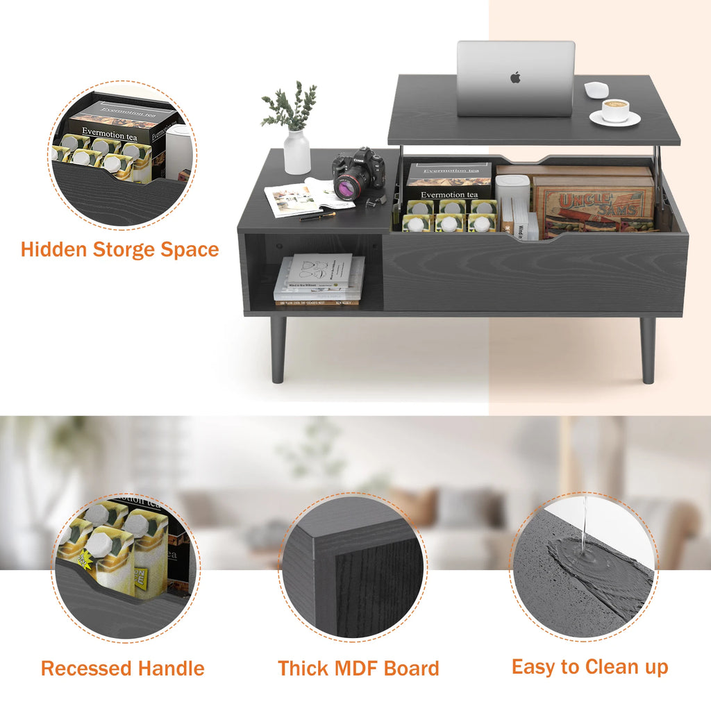 Coffee Table With Lift Top and Adjustable Storage Shelf,  Measures 39.37"x19.7"