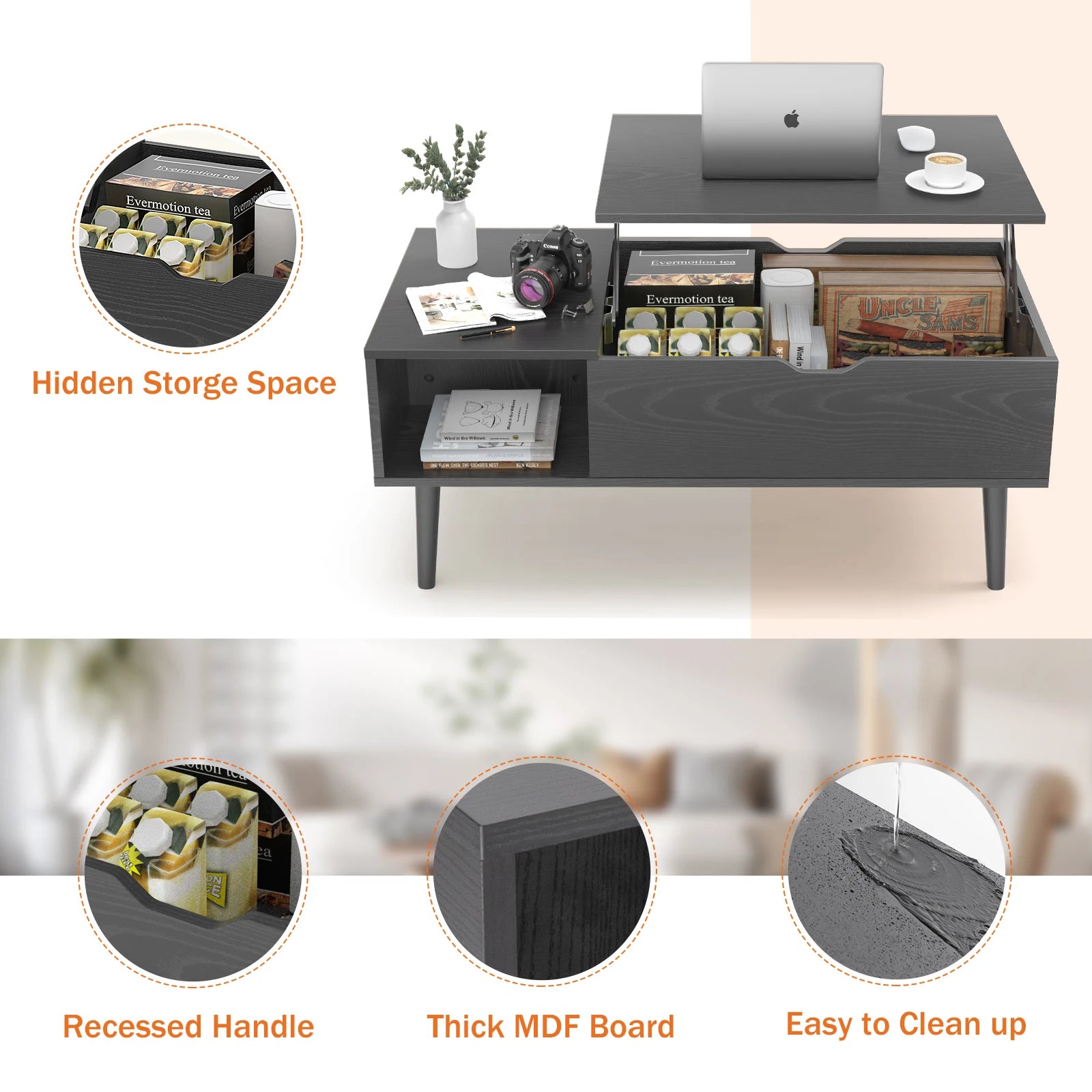 Coffee Table With Lift Top and Adjustable Storage Shelf,  Measures 39.37"x19.7"