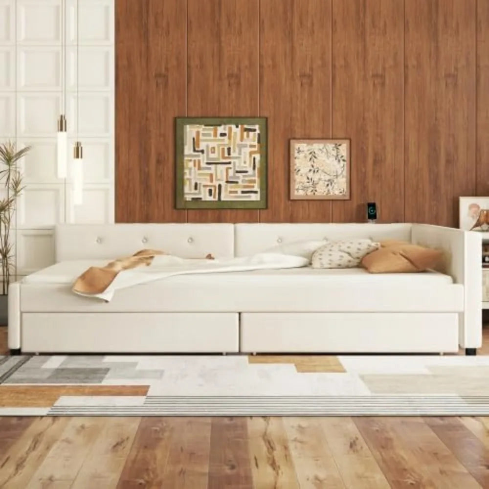 Upholstered Full Size Daybed with 2 Drawers and USB.
