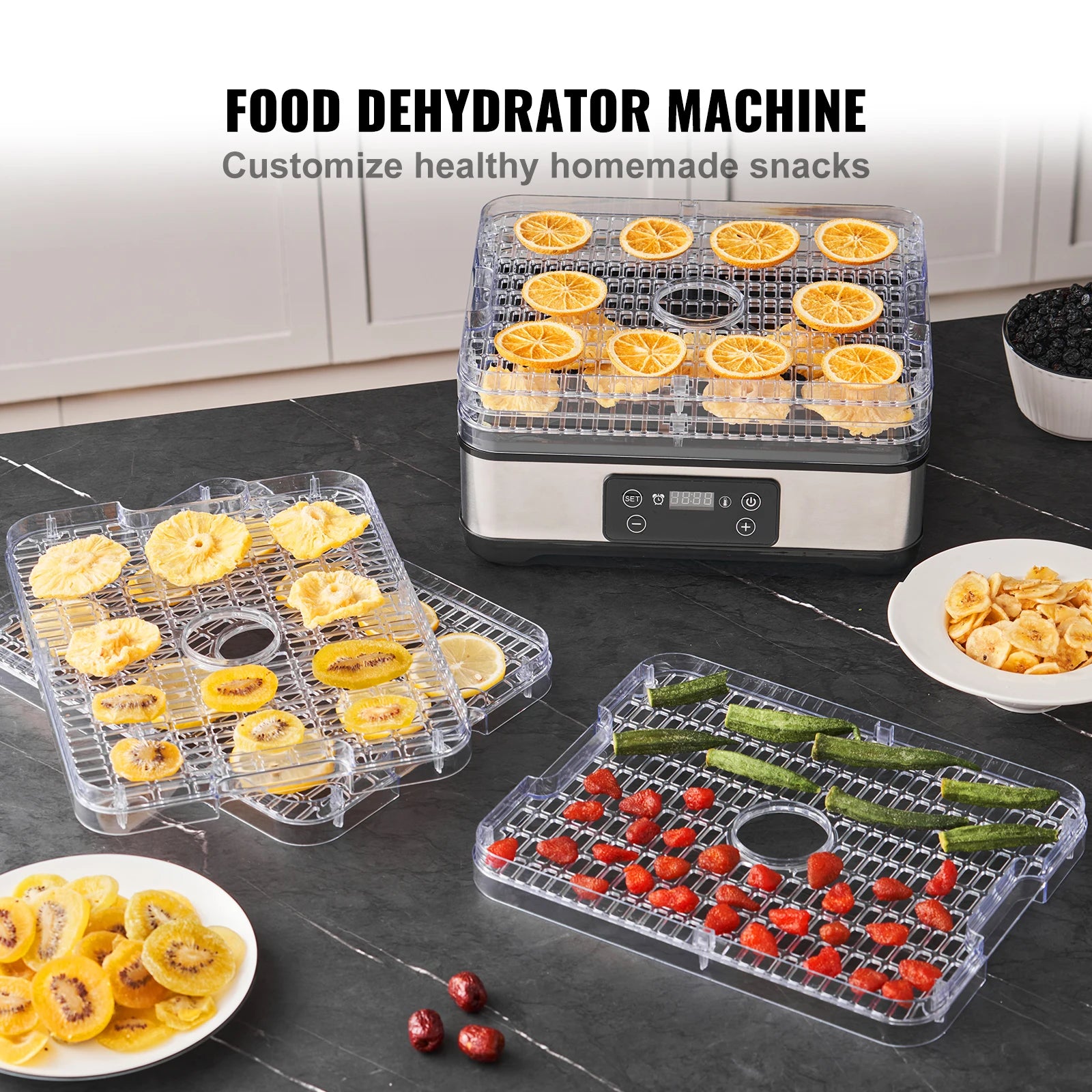 300W Stainless Steel Electric 5 Tray Food Dehydrator w/ Digital Adjustable Time & Temperature; Dishwasher Safe.