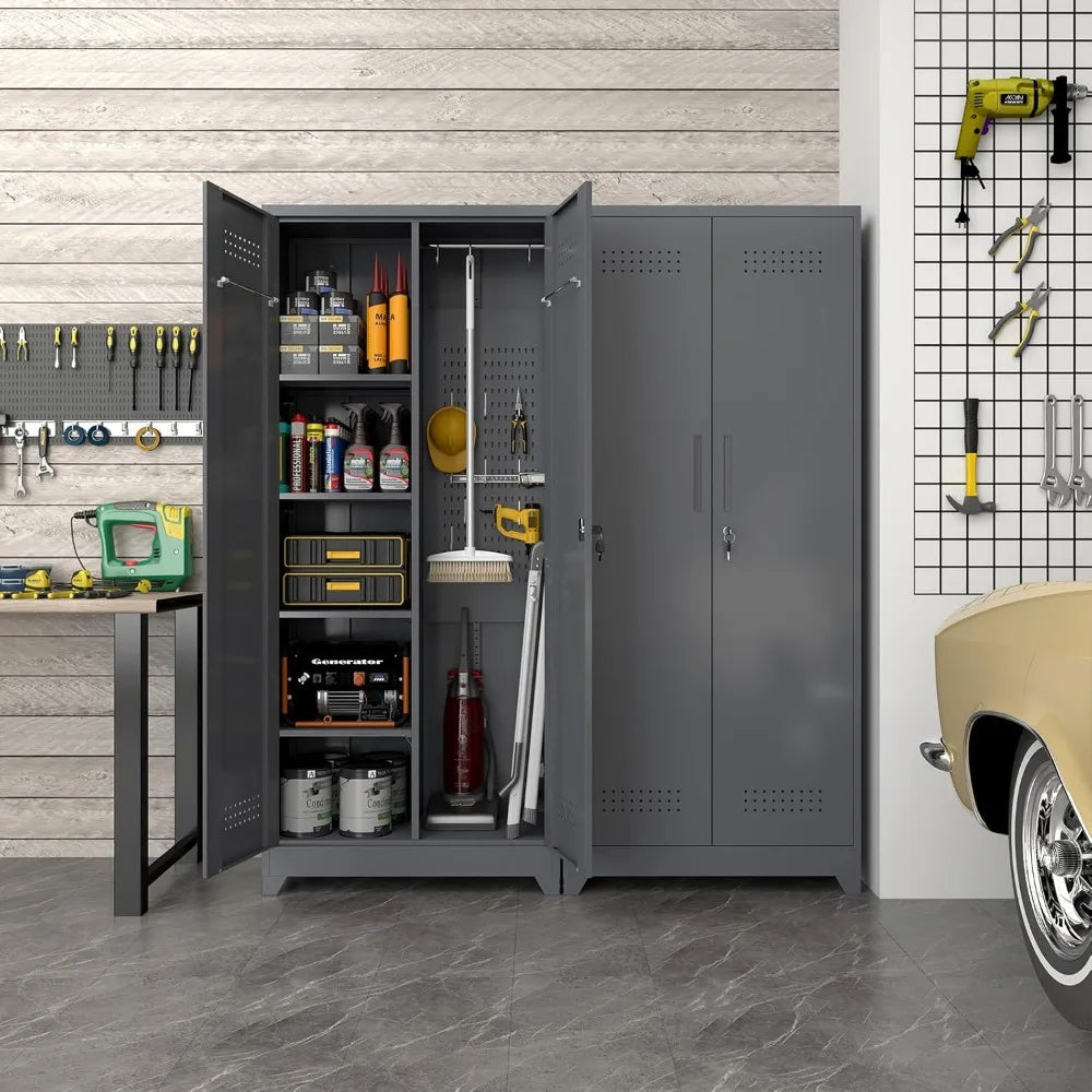 Metal Tool Storage Cabinet 72.8" Tall with Hooks and Shelves.