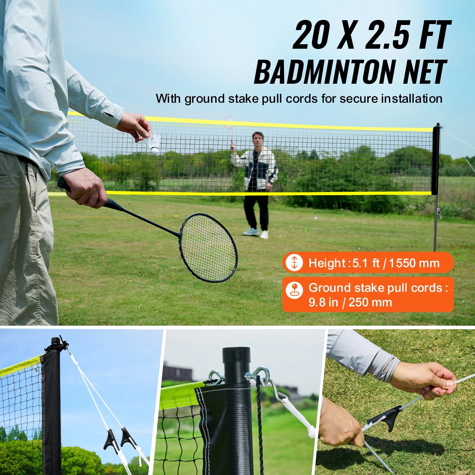 Outdoor Badminton Net Set W/Poles, Carrying Bag and 4 Iron Rackets