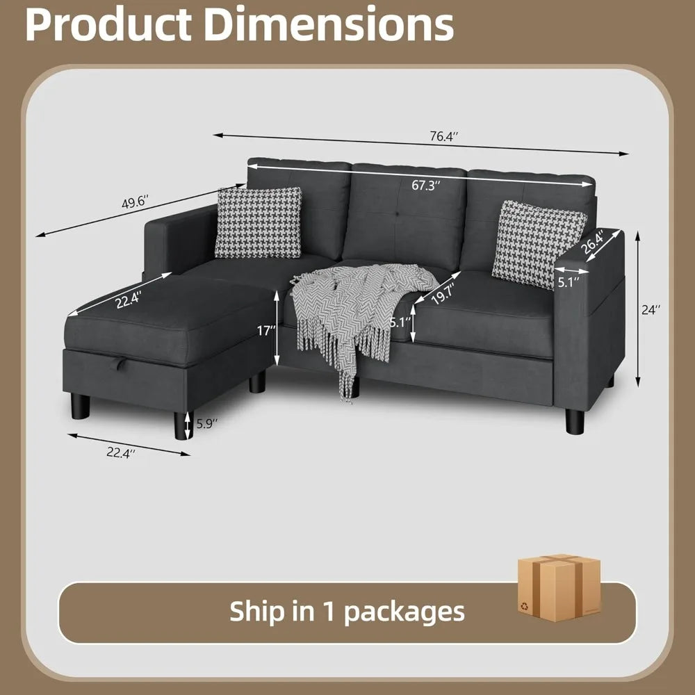 Convertible 3-Seat Sectional L-Shaped Couch  with Linen Fabric.
