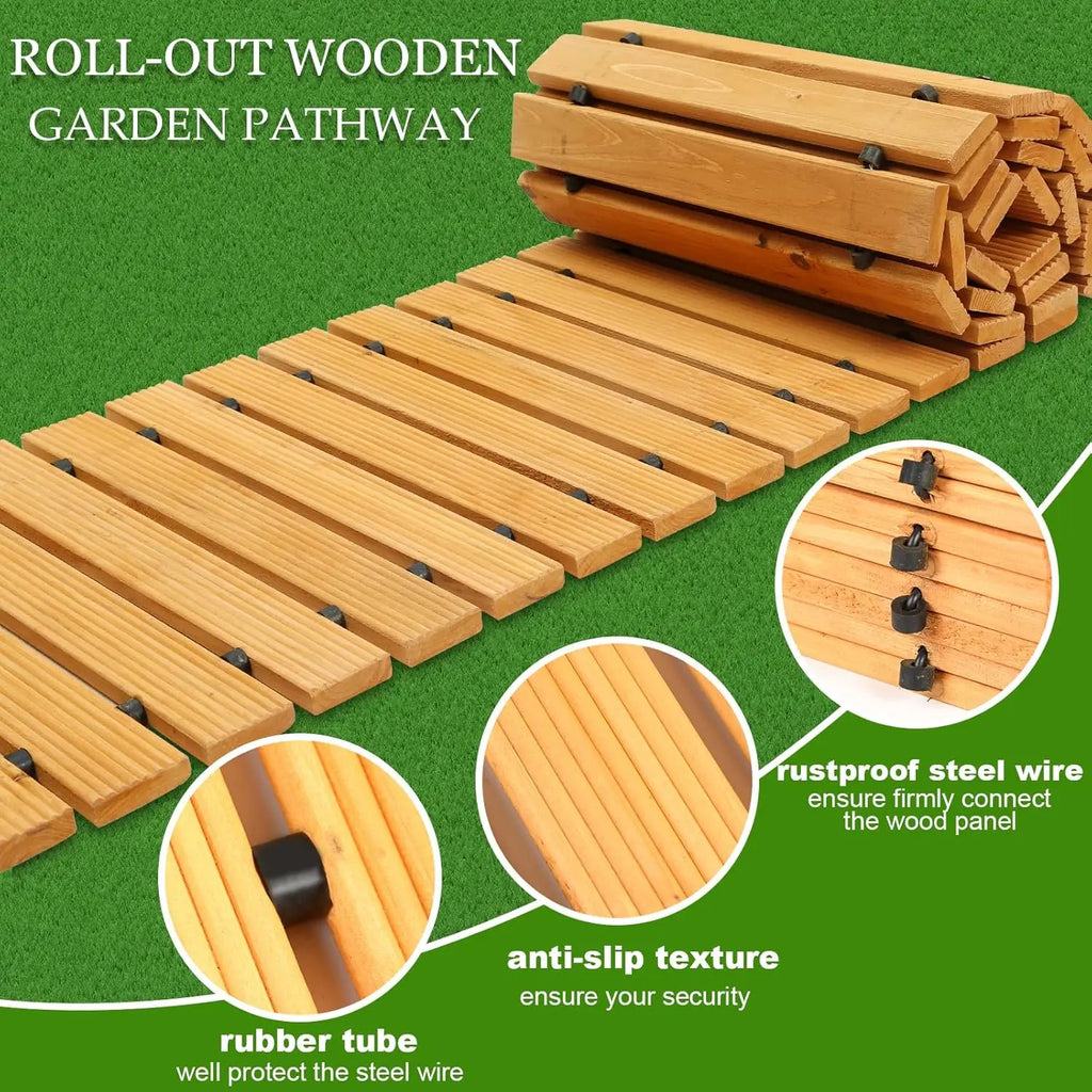 10FT Wooden Outdoor Roll Out Weather Resistant and Non-Slip Hardwood Walkway