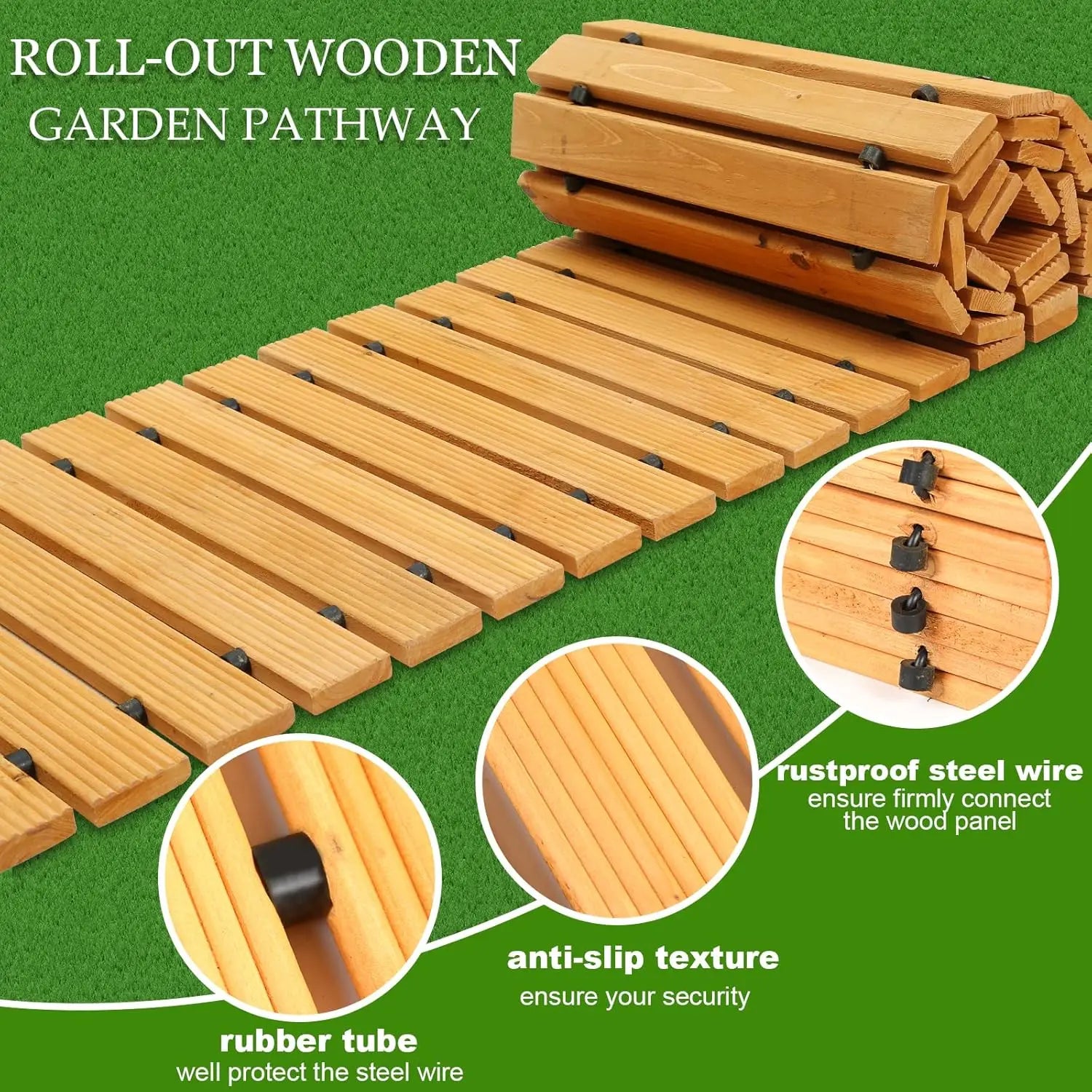10FT Wooden Outdoor Roll Out Weather Resistant and Non-Slip Hardwood Walkway