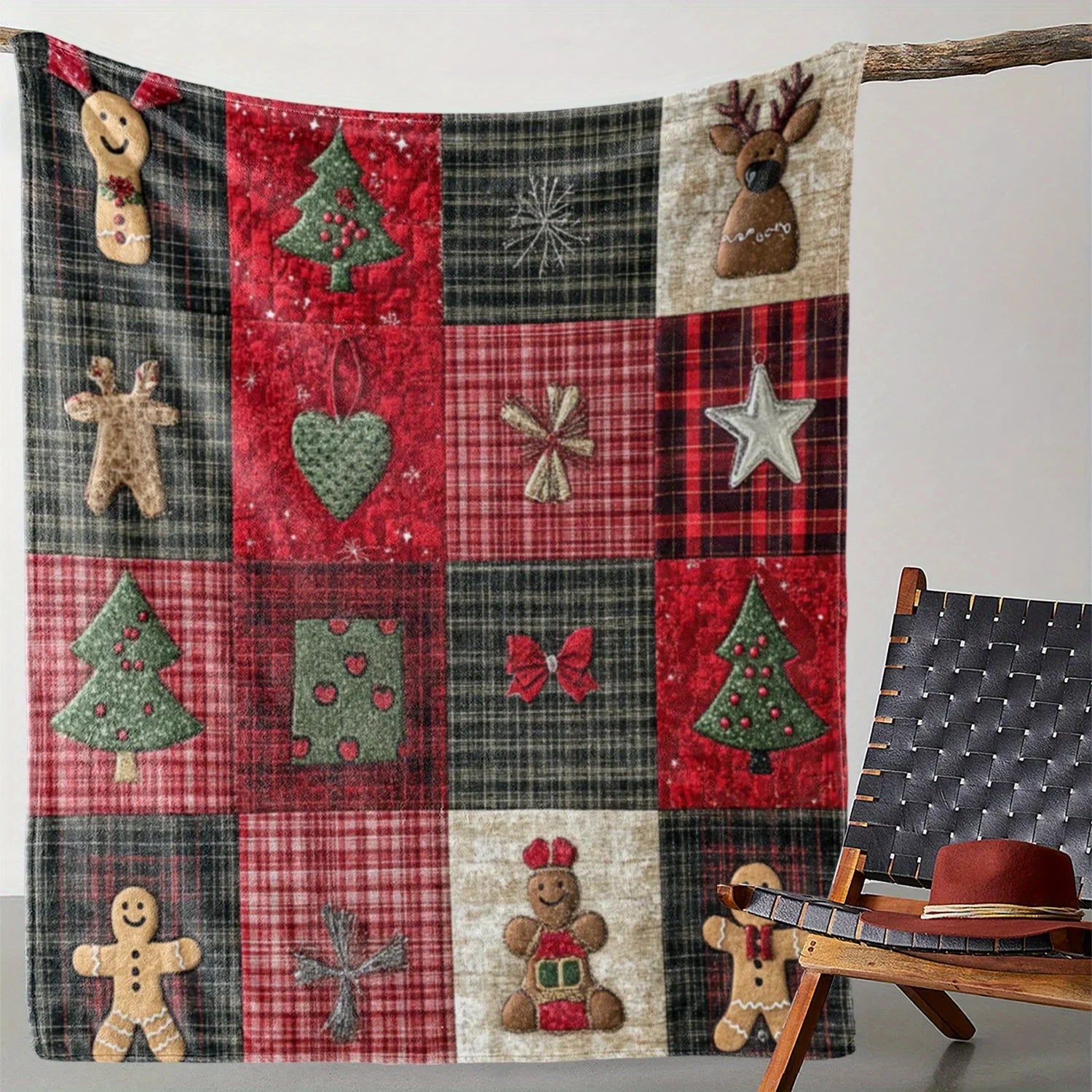1pc Rustic Plaid Christmas Print Throw Blanket, Soft Warm Knitted Polyester Flannel