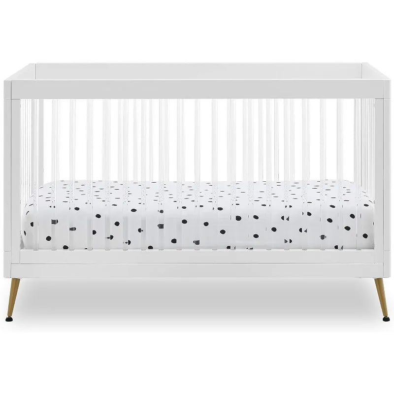 4-in-1 Multi-Use Acrylic Convertible White Crib with Conversion Rails and Bronze Feet