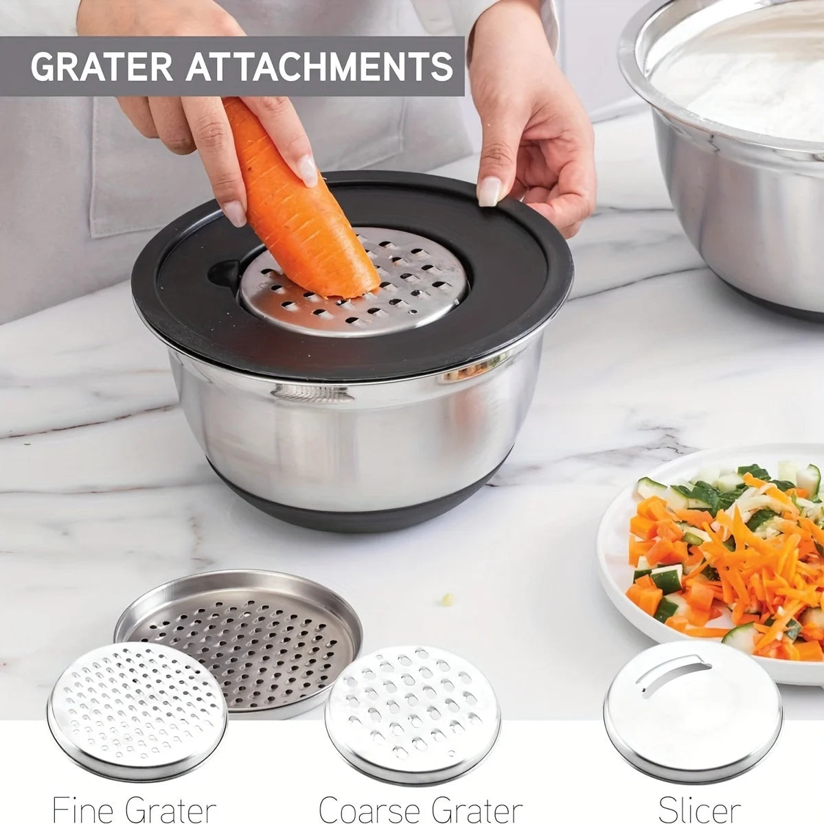 8pcs Stainless Steel Mixing Bowls with Airtight Lids and Attachments