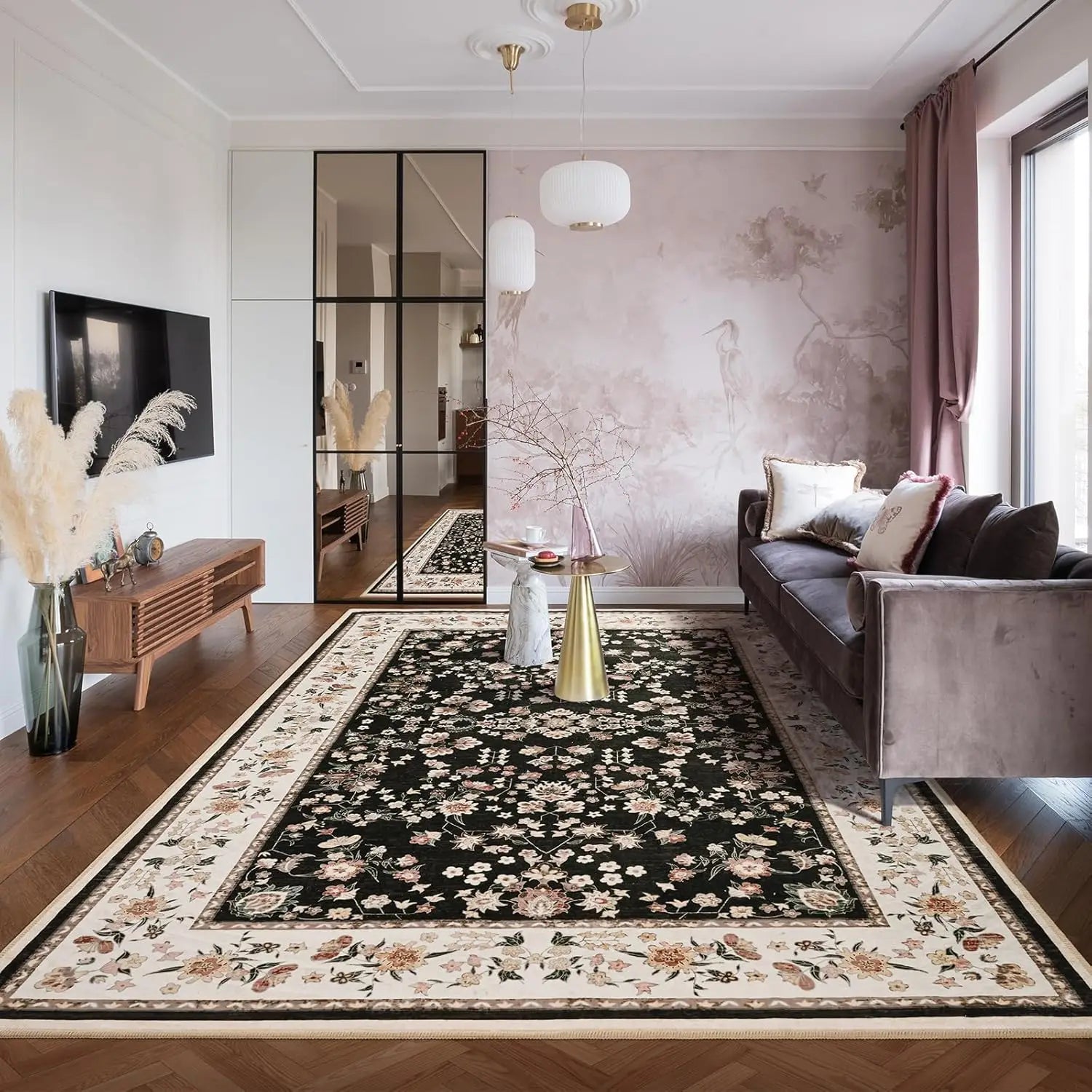 Washable Area Rug for Living Room with Vintage Floral Print.
