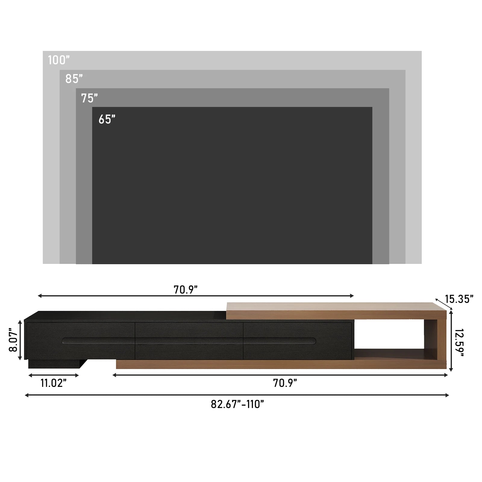 82-110'' Wooden Extendable TV Media Console w/3 Drawers & Open Storage Shelf,