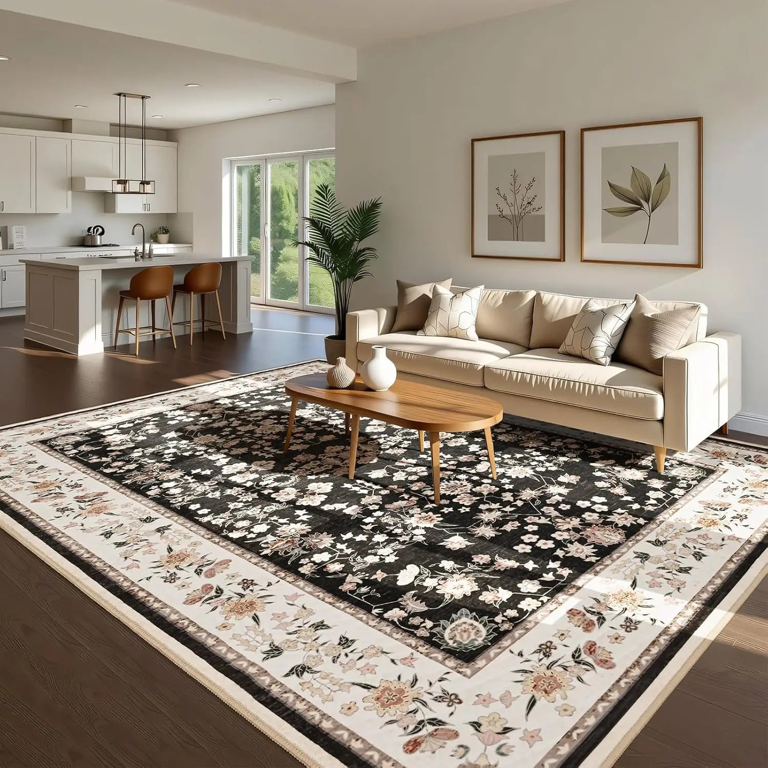 Washable Area Rug for Living Room with Vintage Floral Print.