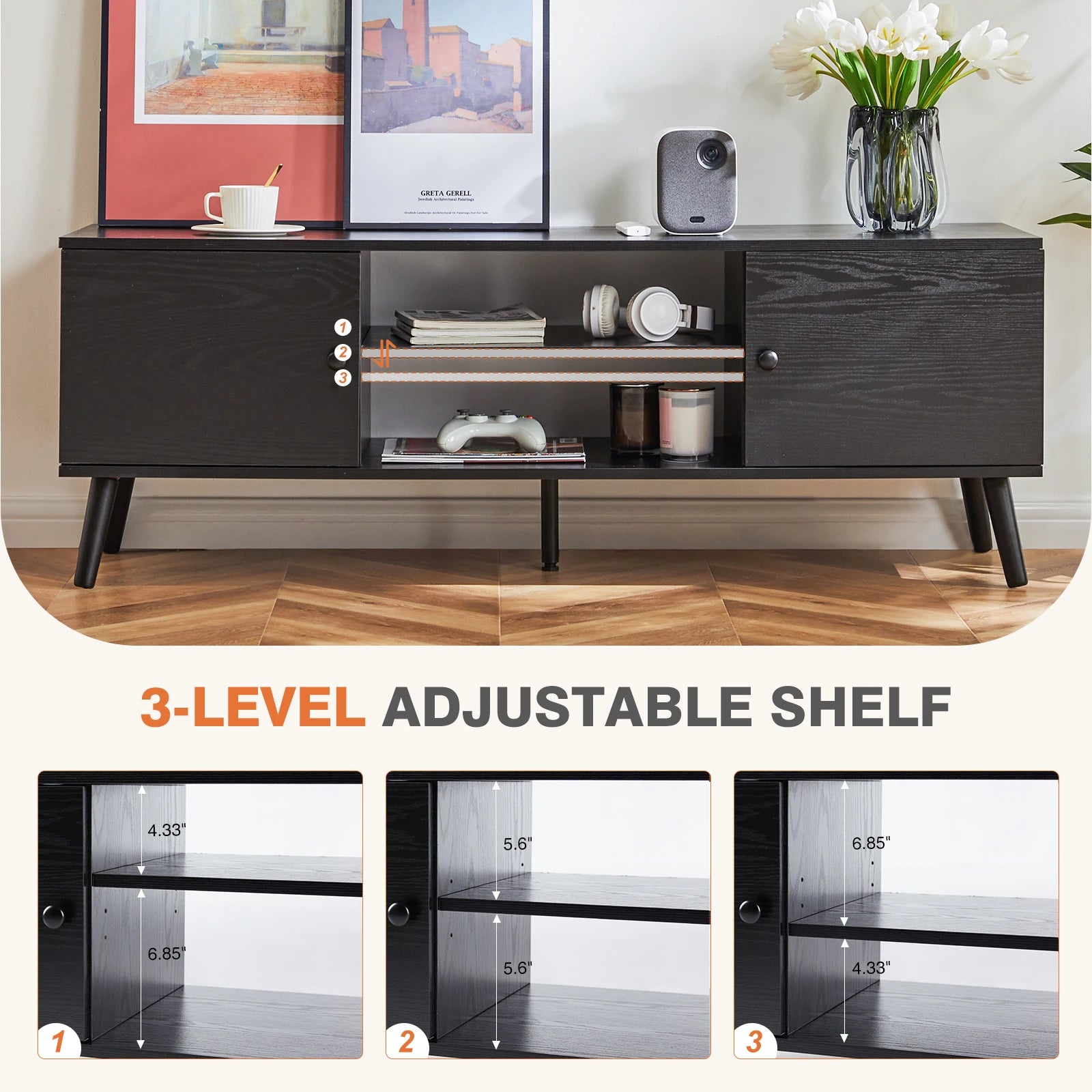 Wooden Stand/Entertainment Center For Up To 60 Inch TV with two Cabinets, Adjustable Shelf  and Two Cord Holes