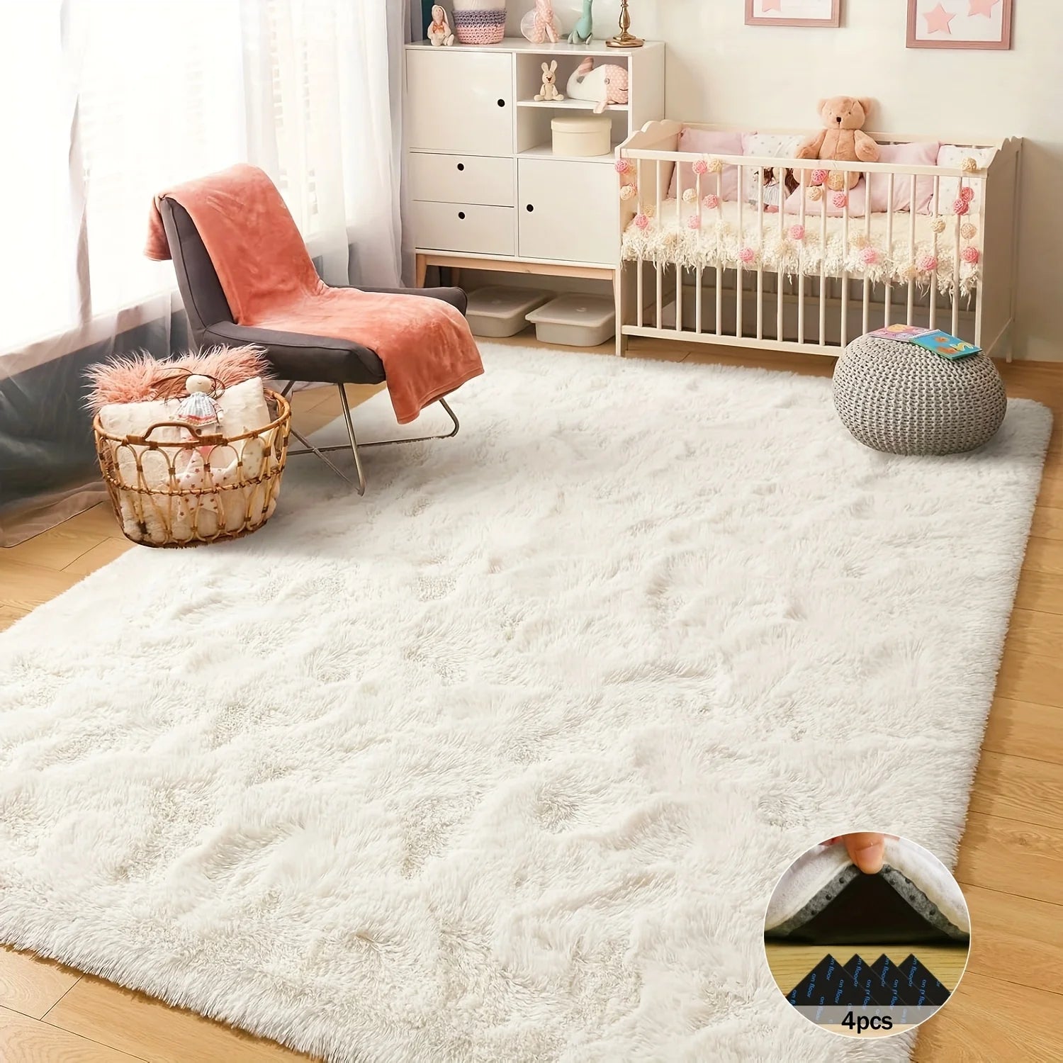 Off-White Soft Shaggy Plush Non-Slip Carpet Rugs