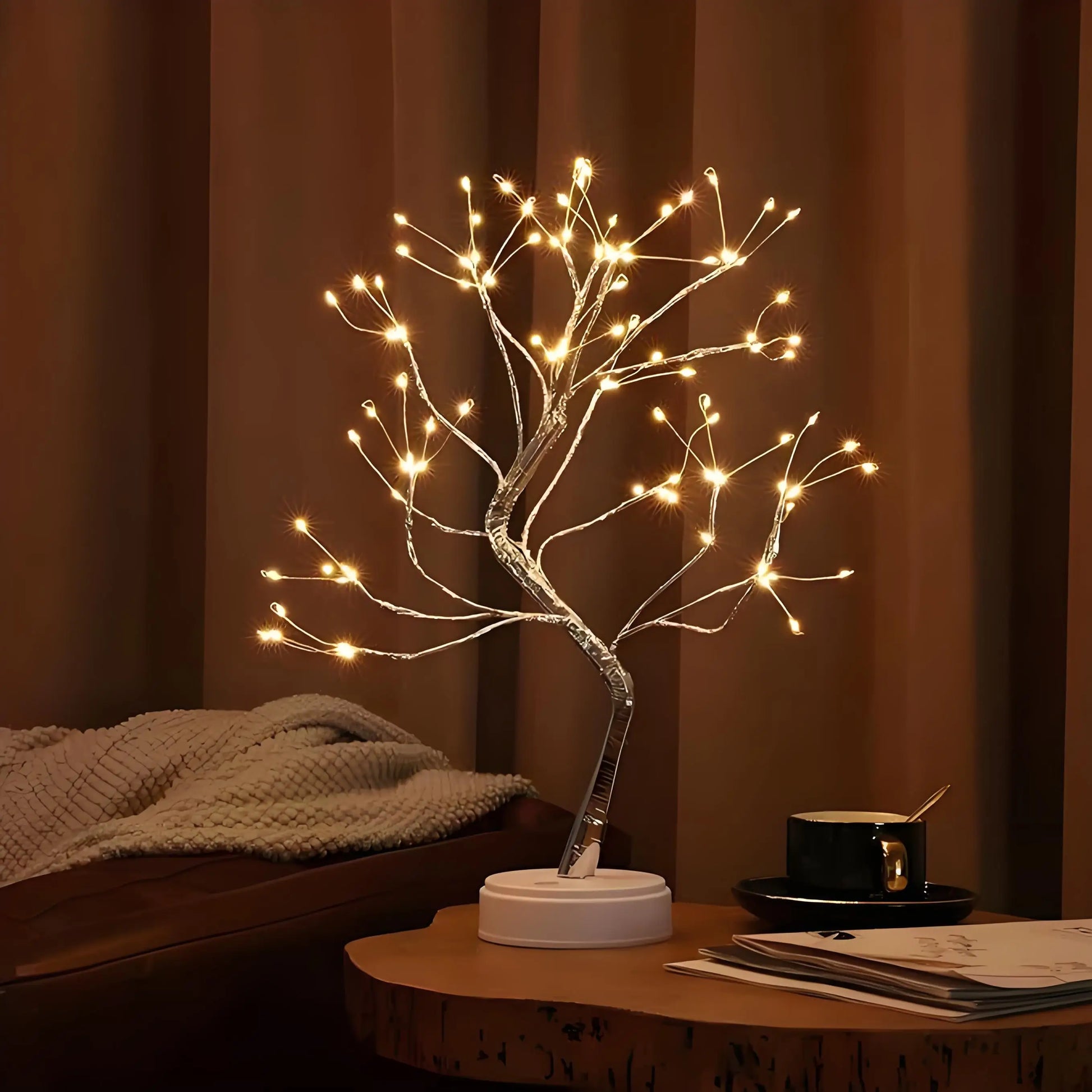 Desktop LED Bonsai Iron Tree Lamp with Silver Branches and Pearl Gold Leaf Stars