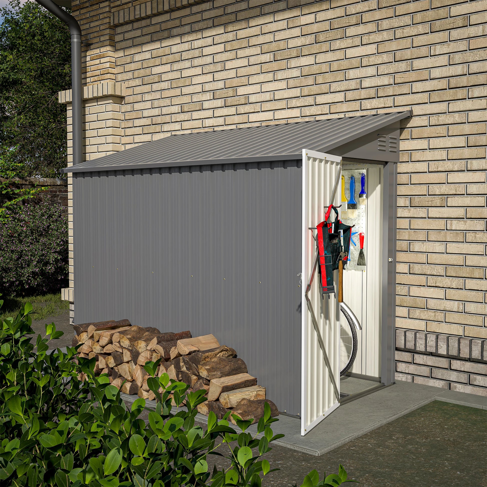 4' x 8' Outdoor Metal Wall Side Storage Shed with Sloped Roof and Aluminum Door