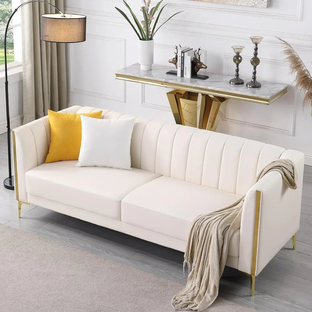 78'' Modern White Faux Leather Sofa with 2 Throw Pillows,