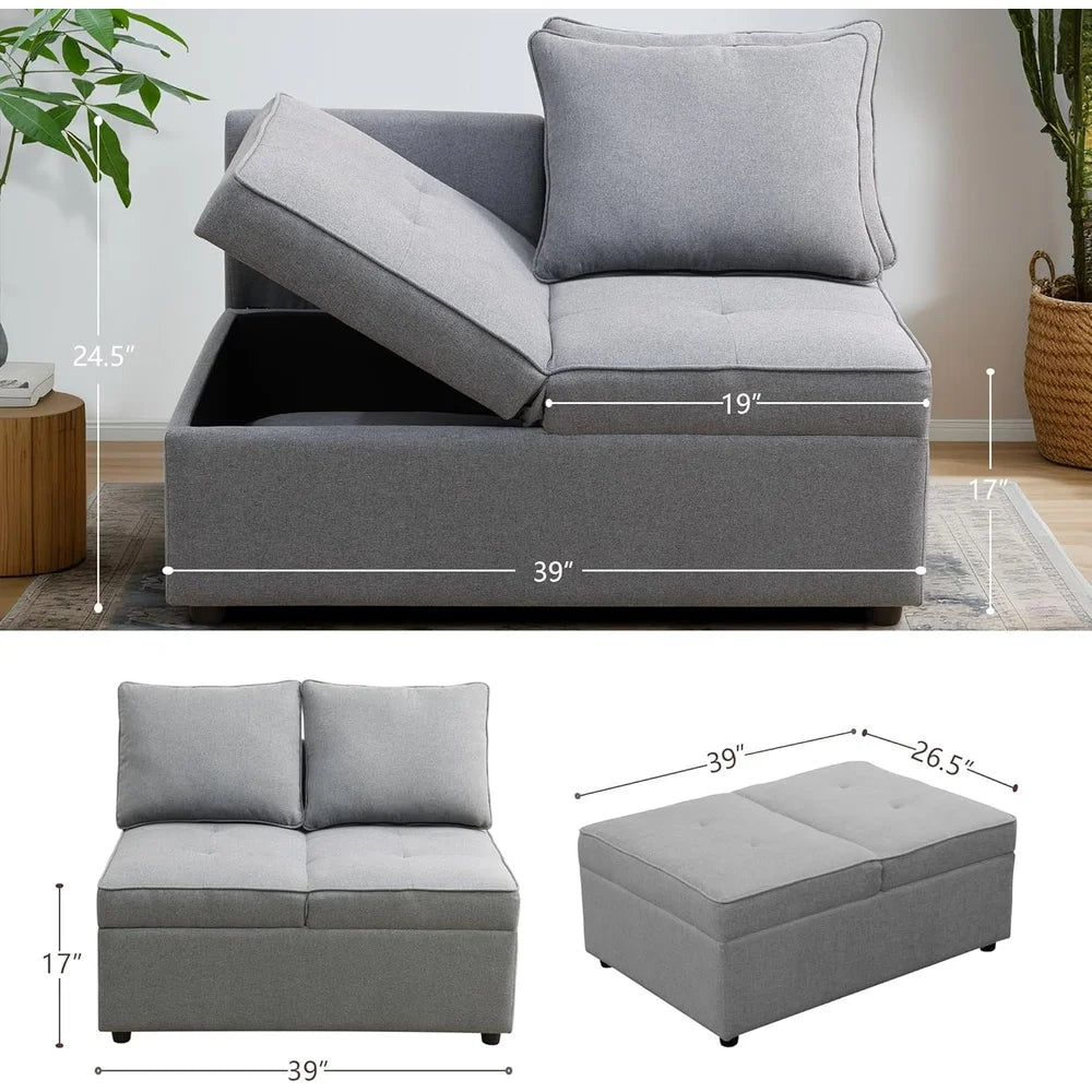 Convertible Ottoman/Sofa Bed with Storage, Adjustable Backrest and Two Pillows.