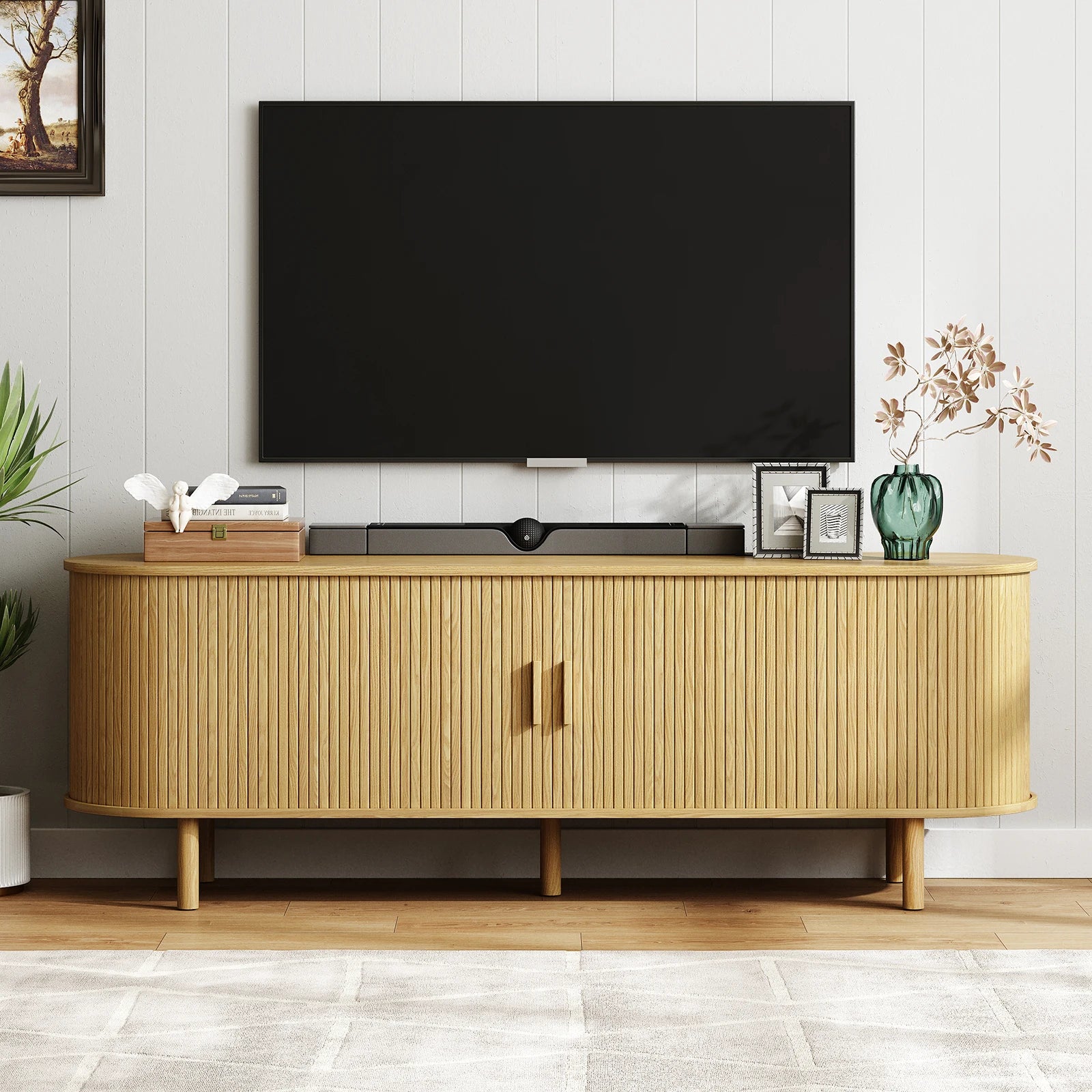 TV Stand with Power Outlet for TVs up to 60/70",  Sliding Door Storage Adjustable Shelves.