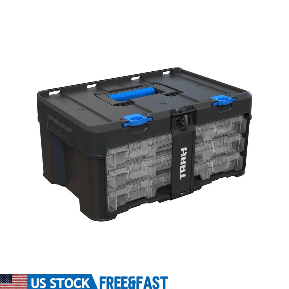 Modular Garage Organizer Container Set with Clear Plastic Dividers.