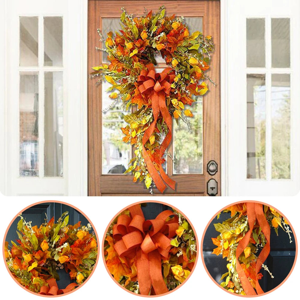 Autumn Maple Leaf Door Wreath for Use on Porch Door, Interior or Exterior Wall, 17" x 32"