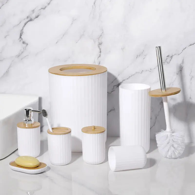 7 Piece Bamboo Bathroom Accessory Set.