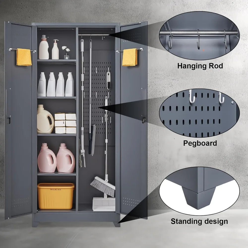 Metal Tool Storage Cabinet 72.8" Tall with Hooks and Shelves.