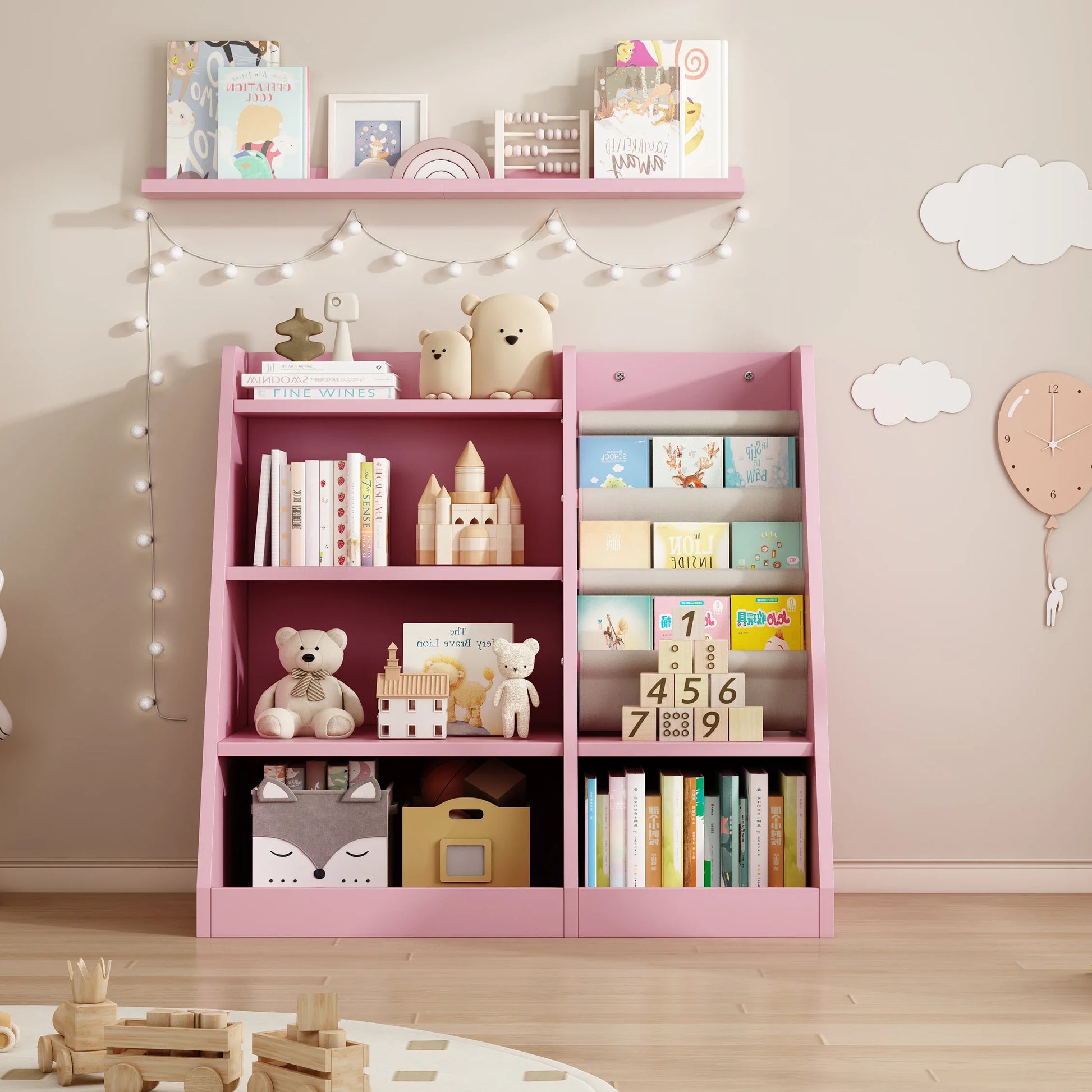 Pink Wooden Children's Toy Storage Cabinet/Bookcase with Adjustable Shelves.