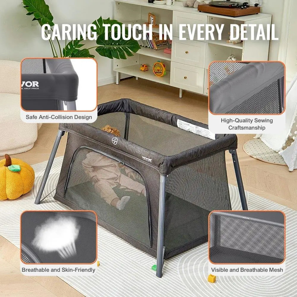 Folding Lightweight and Portable Baby Travel Crib or Playpen with Zipper Gate.