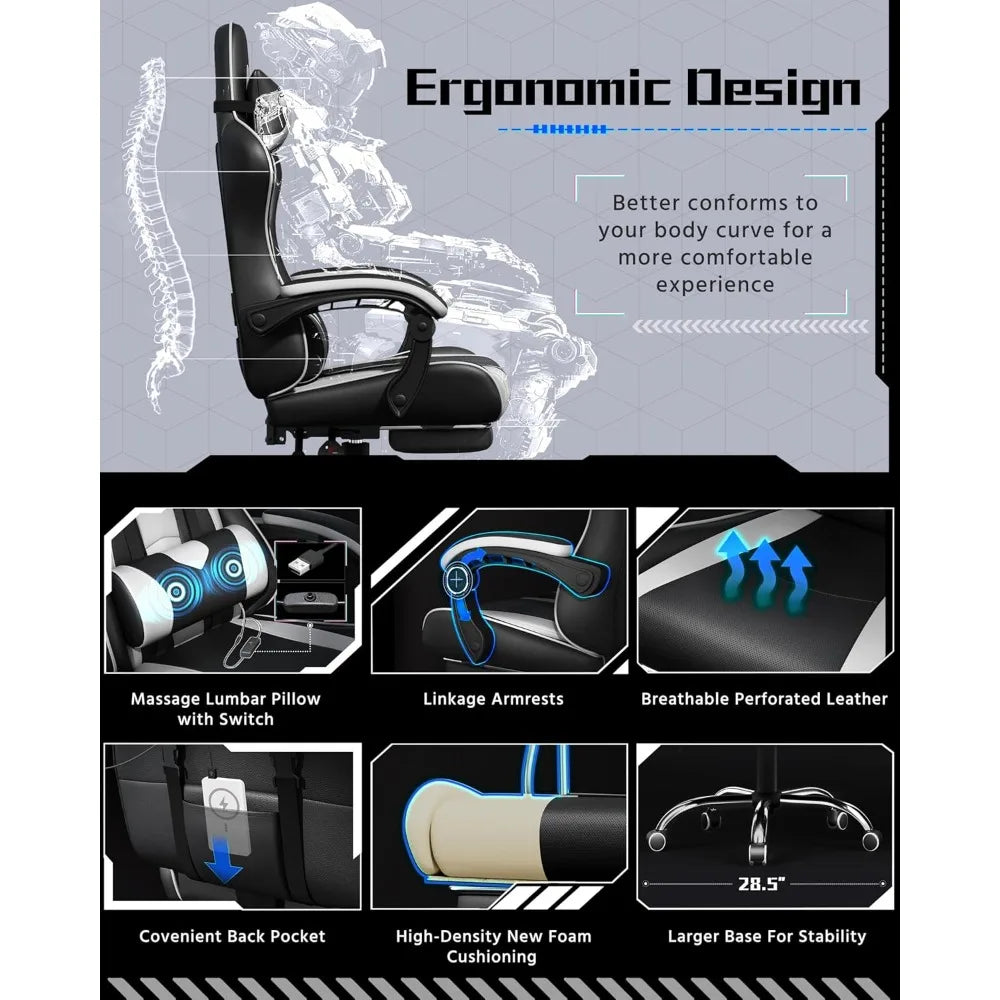 Height Adjustable Ergonomic Office Chair w/ Massage Lumbar Support, Footrest, Swivel Seat and Headrest,