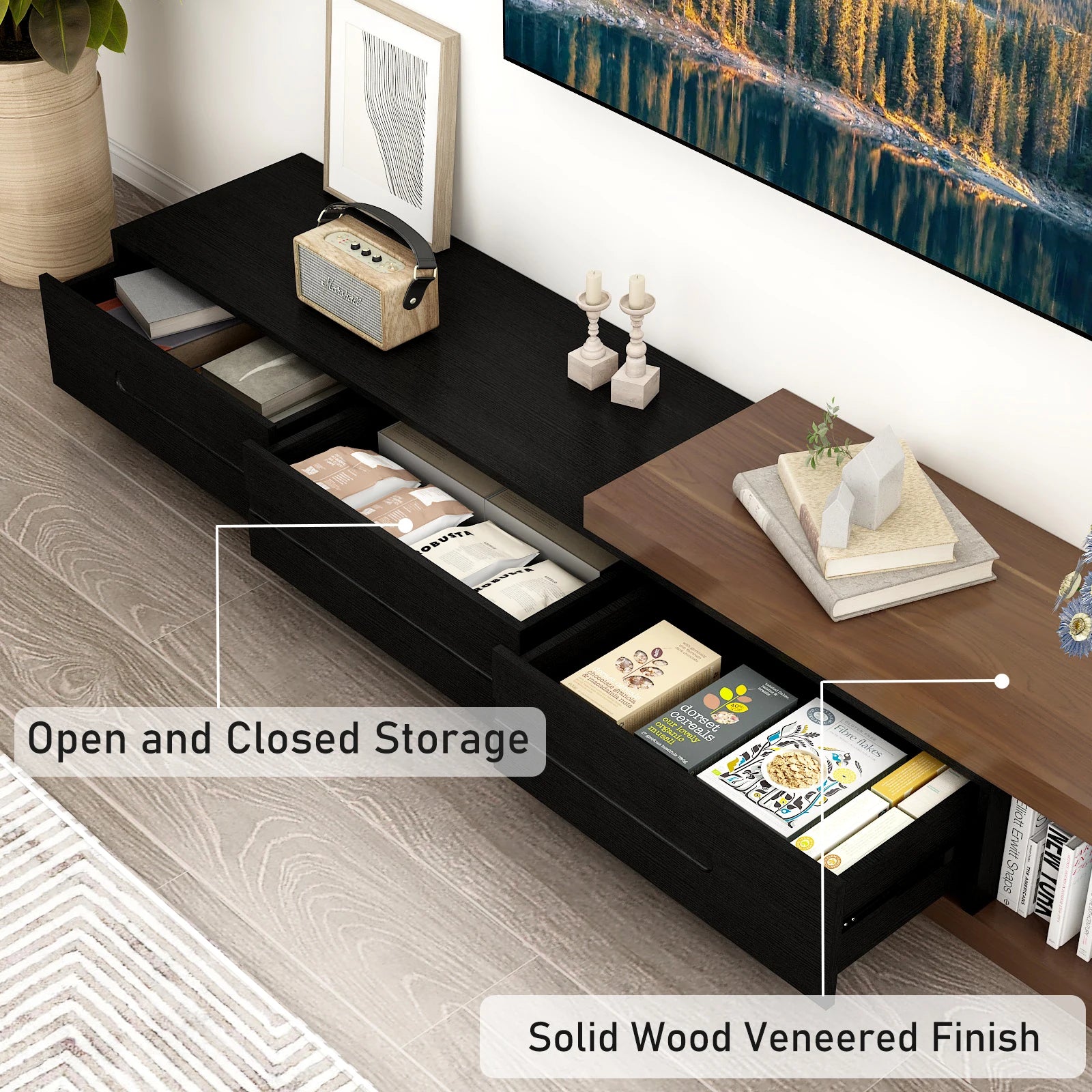82-110'' Wooden Extendable TV Media Console w/3 Drawers & Open Storage Shelf,