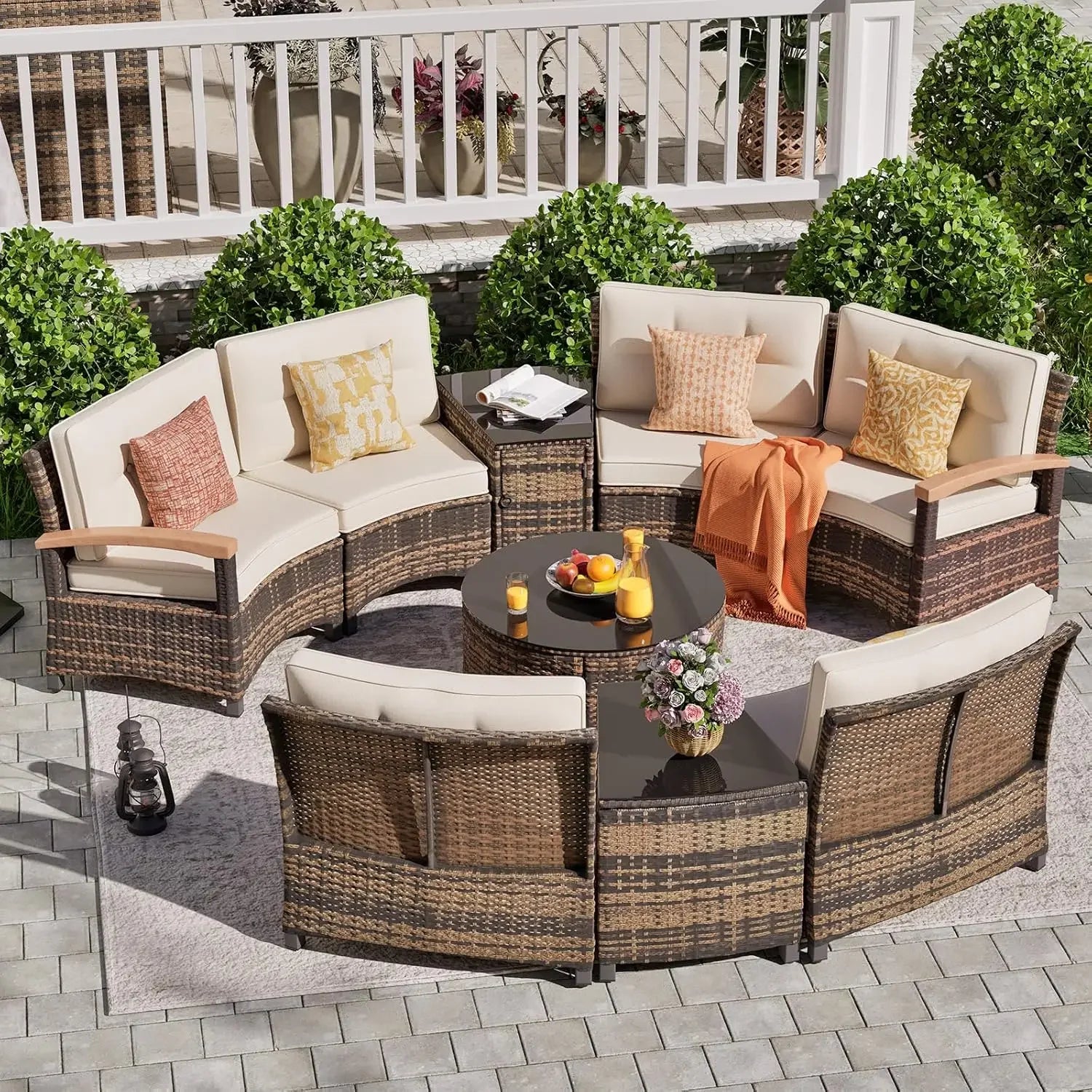 9 Piece Outdoor Patio Furniture Set, Half-Moon Curved Sectional Sofa Rattan Patio Conversation Set