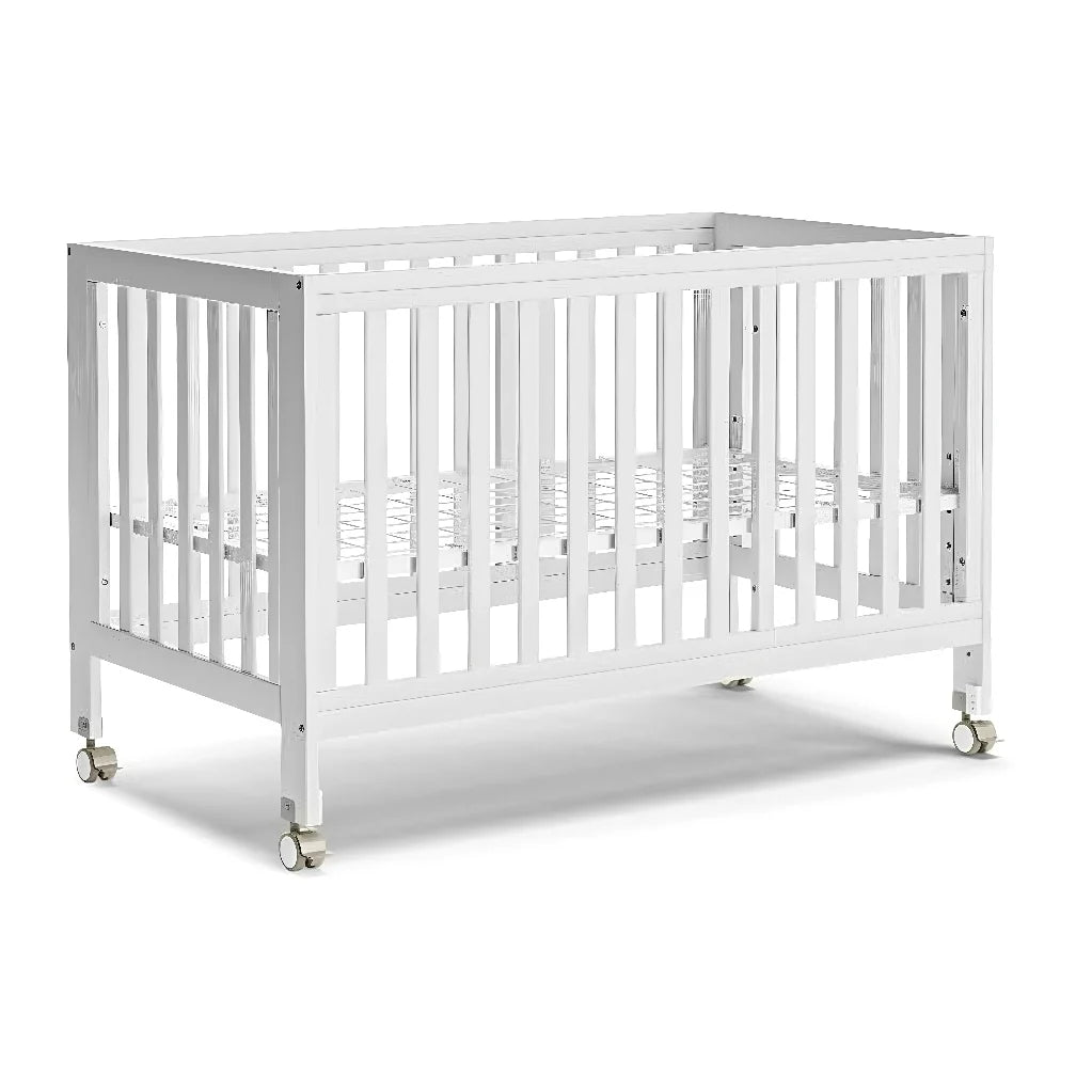 11-In-1 Adjustable Height Convertible Mini Cradle to Full Size Crib with Removable Wheels. Color White,