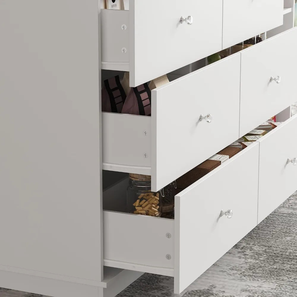 Stationary Kitchen Island with Storage Cabinet, 6 Open Shelves & 2 Drawers.