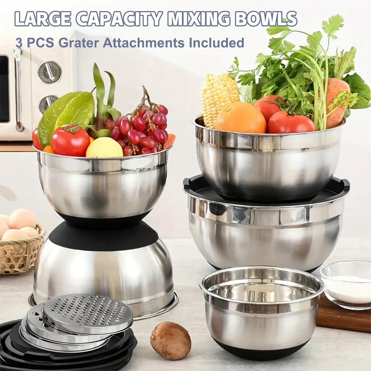8pcs Stainless Steel Mixing Bowls with Airtight Lids and Attachments