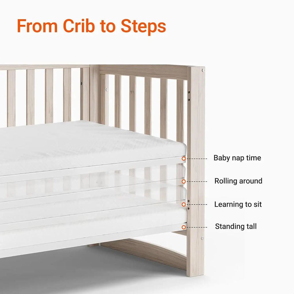 11-in-1 Convertible Baby Crib With Removable Wheels, Washed Natural New Zealand Pinewood Finish, and 4 Mattress Heights.