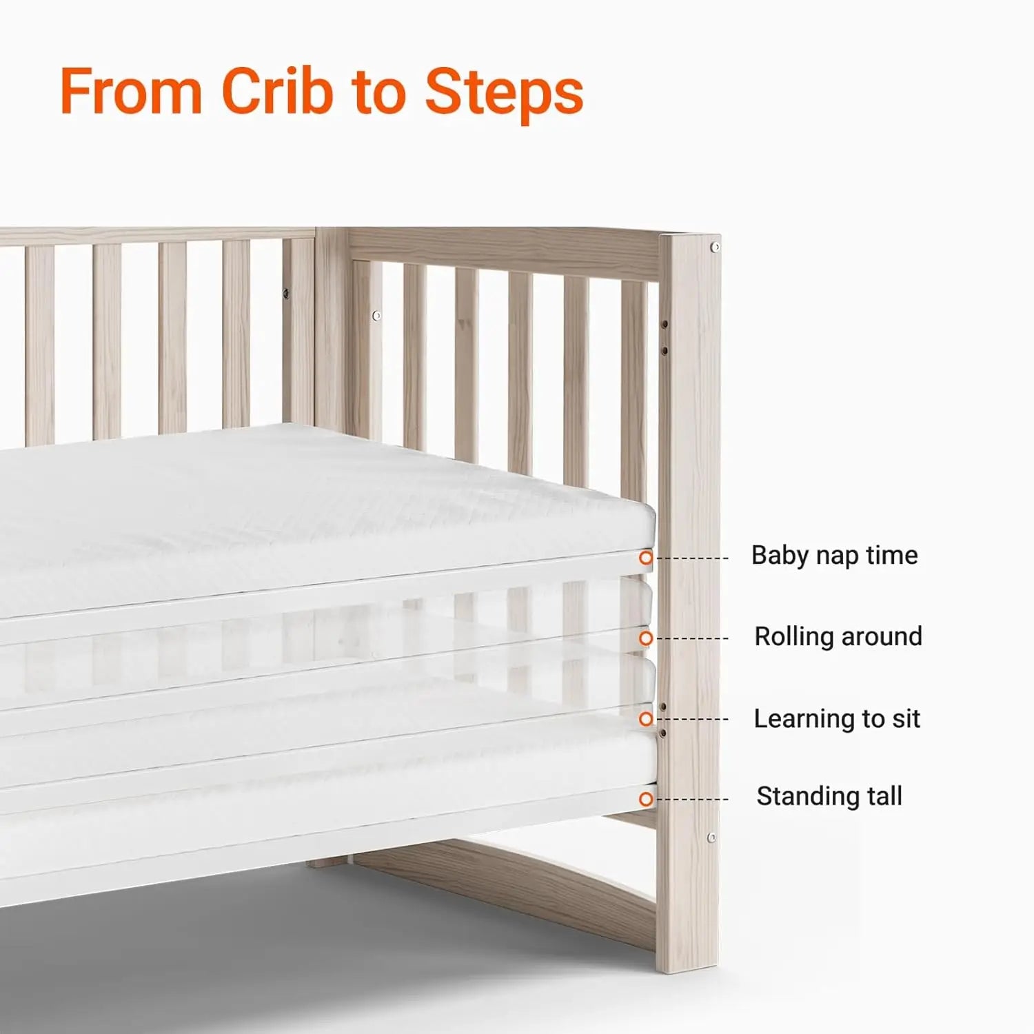11-in-1 Convertible Baby Crib With Removable Wheels, Washed Natural New Zealand Pinewood Finish, and 4 Mattress Heights.