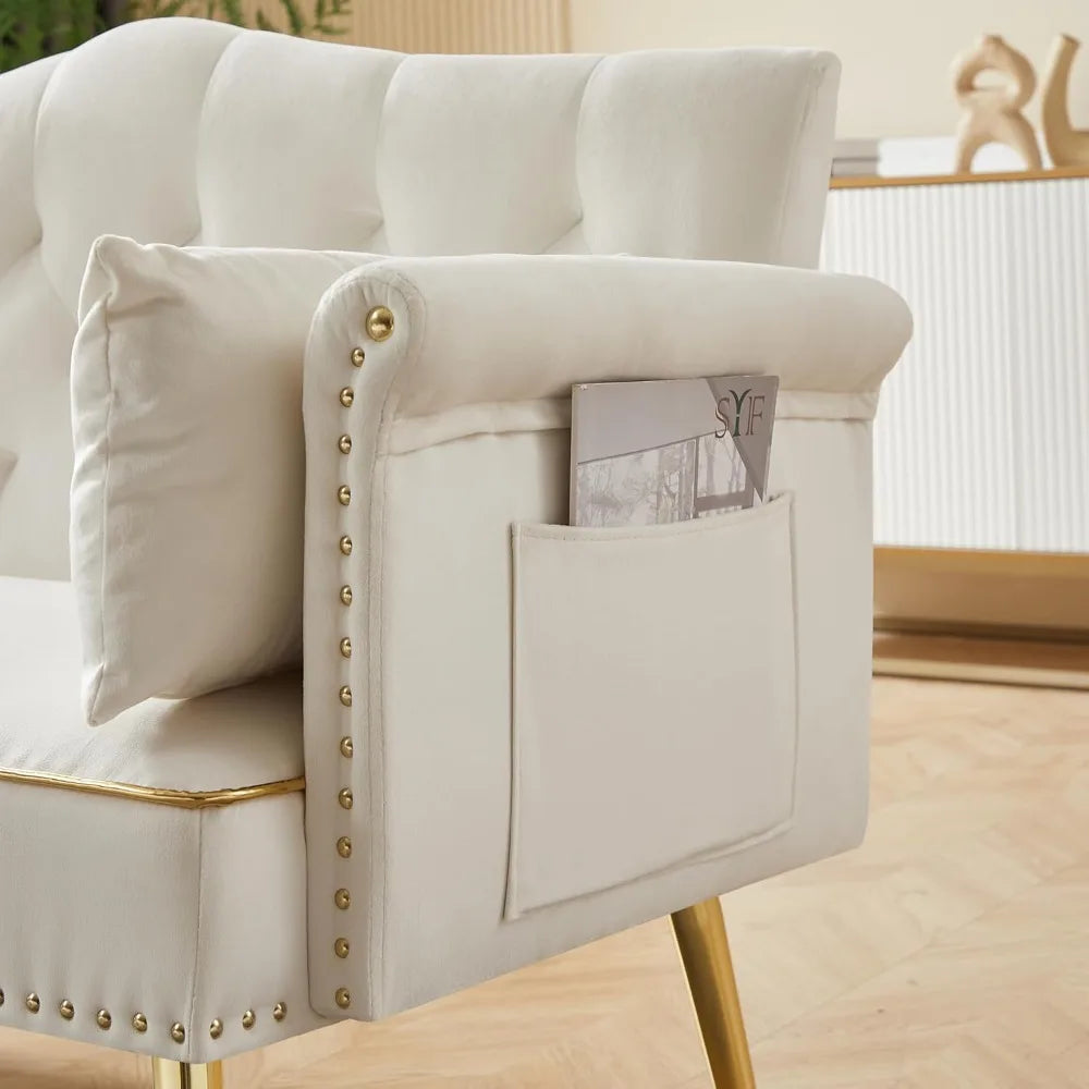 55-Inch Velvet Loveseat with Tufted Backrest, Side Pockets and Gold Metal Legs.  Also available in white or gray chair.