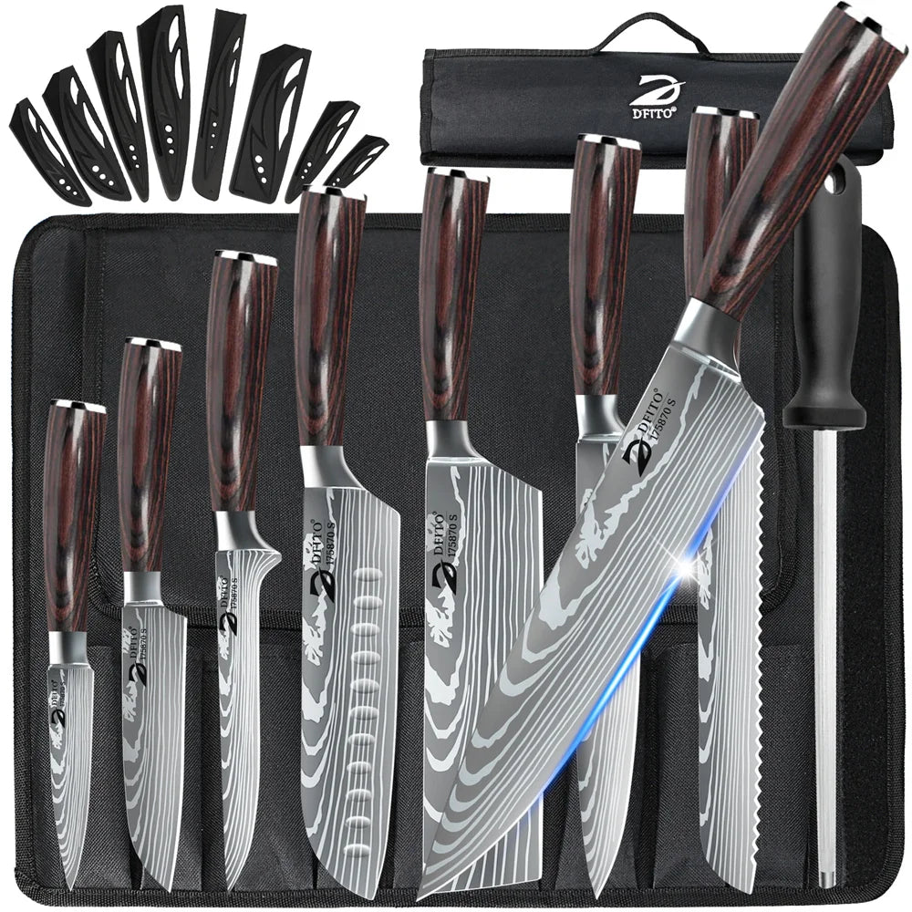 8 pcs Kitchen Stainless Steel Knife Set with Nylon Bag and Knife Sharpener