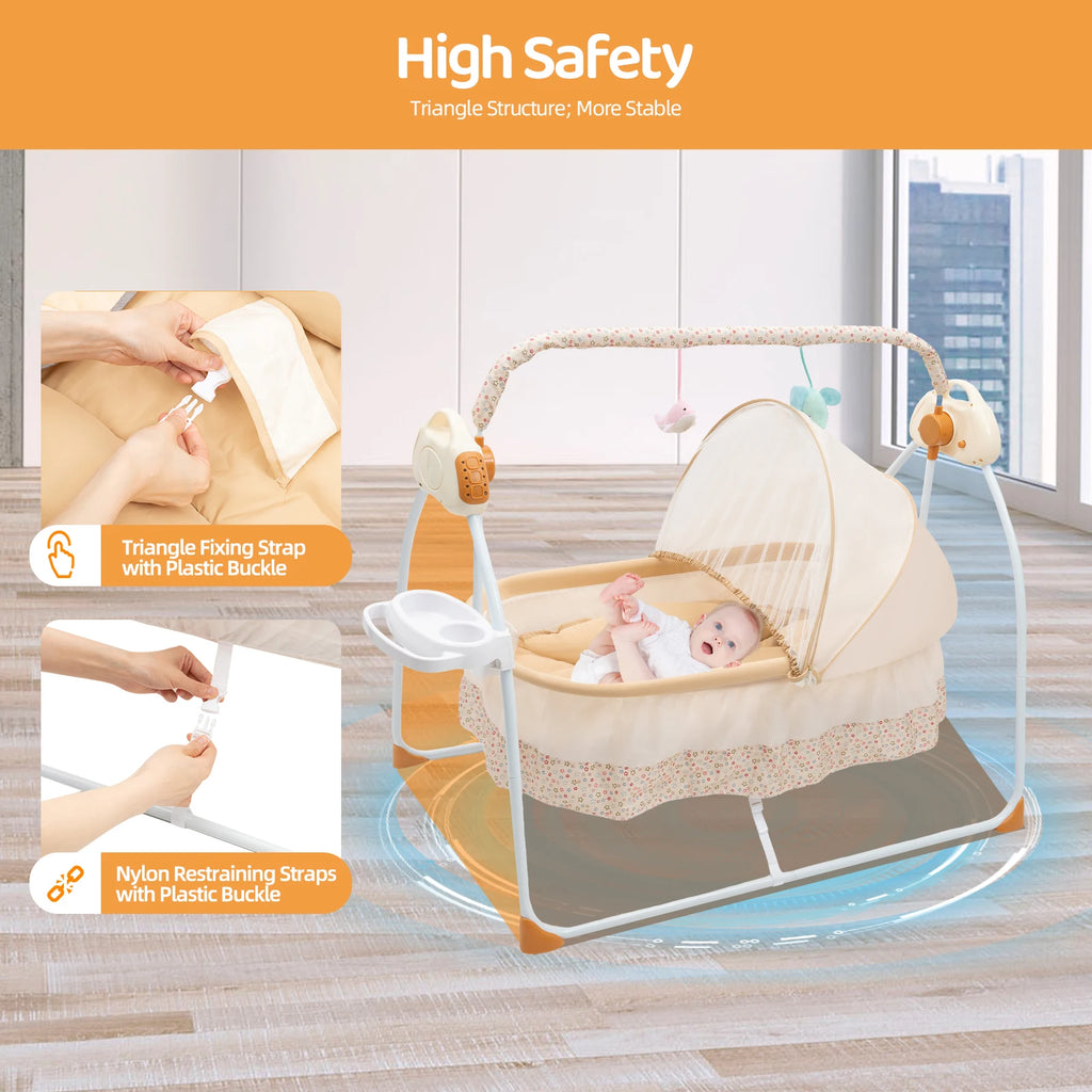 0-18 Months Infant Electric Foldable Baby Crib with Auto Swing and Remote Control.