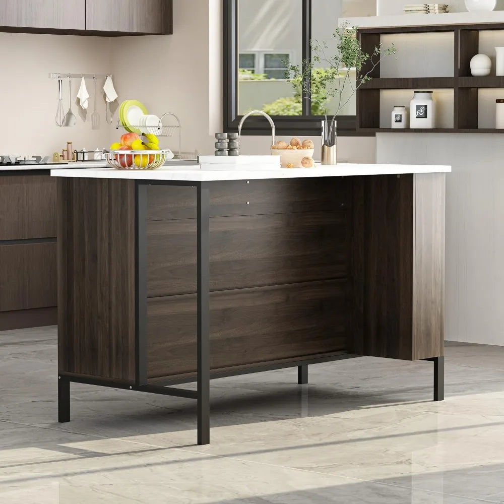 Stationary Kitchen Island with Storage Cabinet, 6 Open Shelves & 2 Drawers.