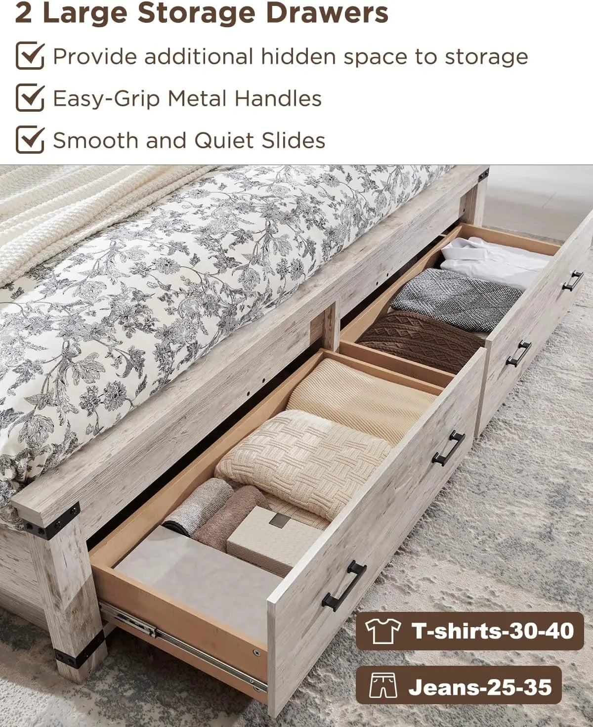 Wooden Antique White Farmhouse Bed Frame with 54" Tall  Headboard and 2 Large Storage Drawers.  King or Queen